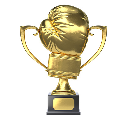 Boxing golden trophy, first prize in the shape of the boxing glove 3d rendering