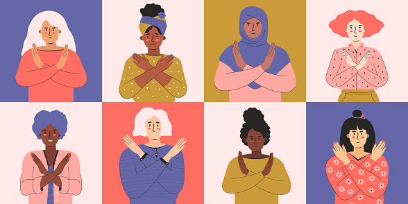 Break the bias. Women's international day 8th march. Group of people with different skin color cross their arms in protest. Women's Movement against discrimination, stereotypes. Horizontal banner