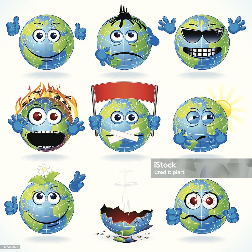 Cartoon Earth Vector Icons with Planet Earth Emotions Climate Change stock vector