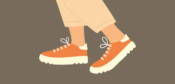 Vector illustration of Shoe pair, boots, footwear. Sneakers shoes. Female or male in jeans walking in sneakers.