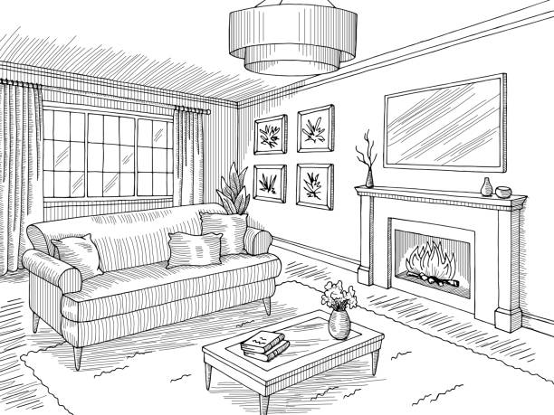 istock Living room graphic black white home interior sketch illustration vector 1373301538