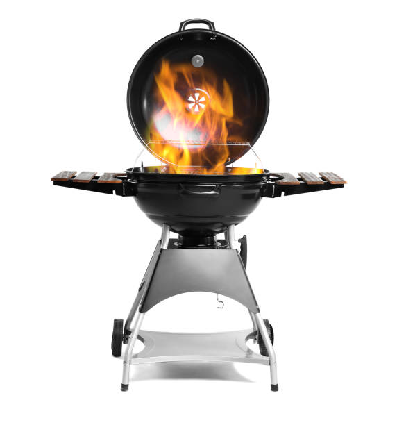 istock Barbecue grill with fire flames on white background 1373301603