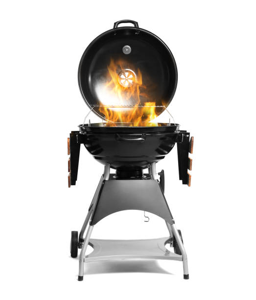 istock Barbecue grill with fire flames on white background 1373301616