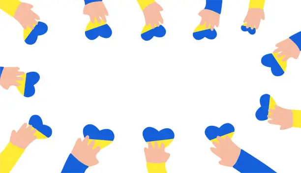 Vector illustration of Kids hands holding hearts in blue and yellow colors, making circle. Love Ukraine concept. Place fot text, vector background.