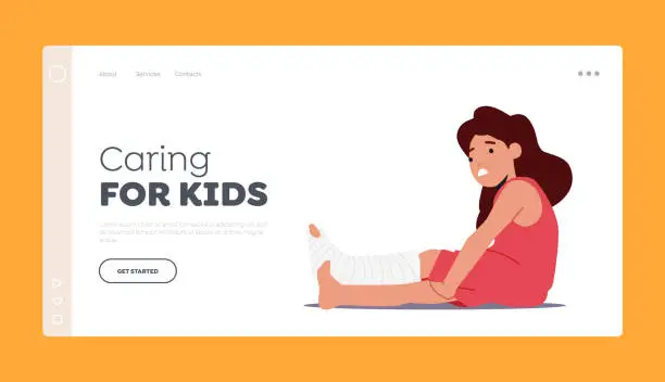 Vector illustration of Caring for Kids Landing Page Template. Sick Upset Girl with Broken Bandaged Leg Sit on Floor, Kid Suffer of Foot Injury