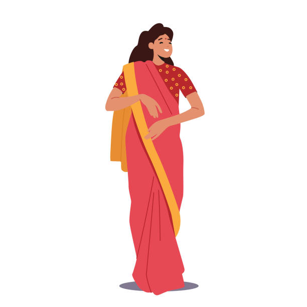 ilustraciones, imágenes clip art, dibujos animados e iconos de stock de la mujer india usa vestido de sari rojo, personaje femenino con ropa tradicional aislado sobre fondo blanco. sonrisa de niña - sari