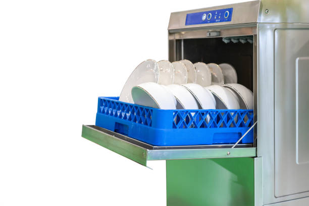cup and white plate on basket after wash in automatic dishwasher machine for industrial isolated on white background with clipping path