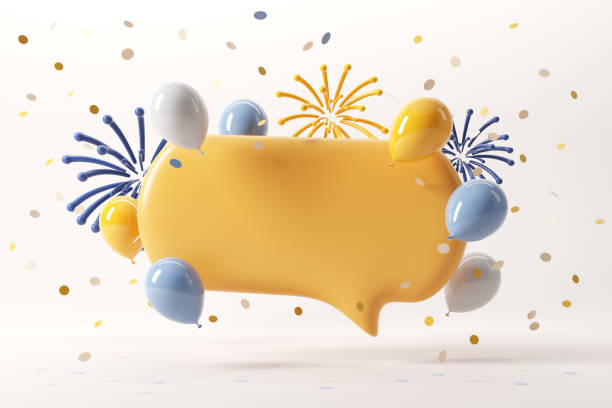 Yellow blank speech bubble with fireworks and falling shiny confetti and balloon on white background, Copy space. stock photo