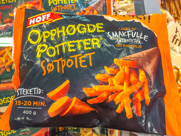 Typical norwegian products at the shelf in supermarket store Norway. Hemsedal Norway 06. June 2016 Sweet potato fries typical norwegian products at the shelf in supermarket store shop in Hemsedal Norway. østfold stock pictures, royalty-free photos & images