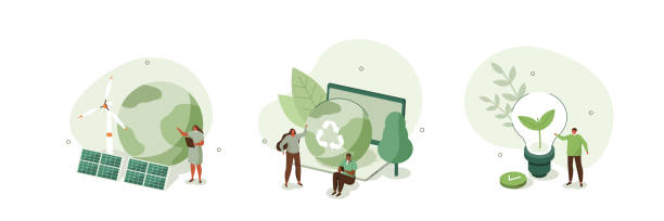 green energy set Sustainability illustration set. ESG, green energy, sustainable industry with windmills and solar energy panels. Environmental, Social, and Corporate Governance concept. Vector illustration. ecosystem stock illustrations