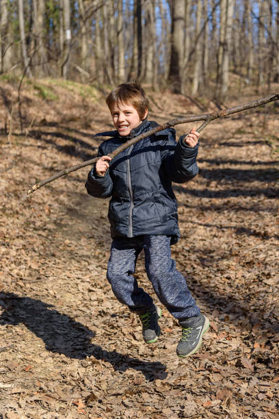 istock A boy is playing with a wooden stick in the woods 1373307776