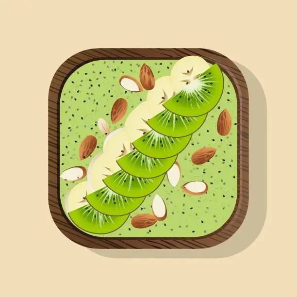 Vector illustration of Smoothie breakfast bowl topped with kiwi, blueberries, lime, yogurt.