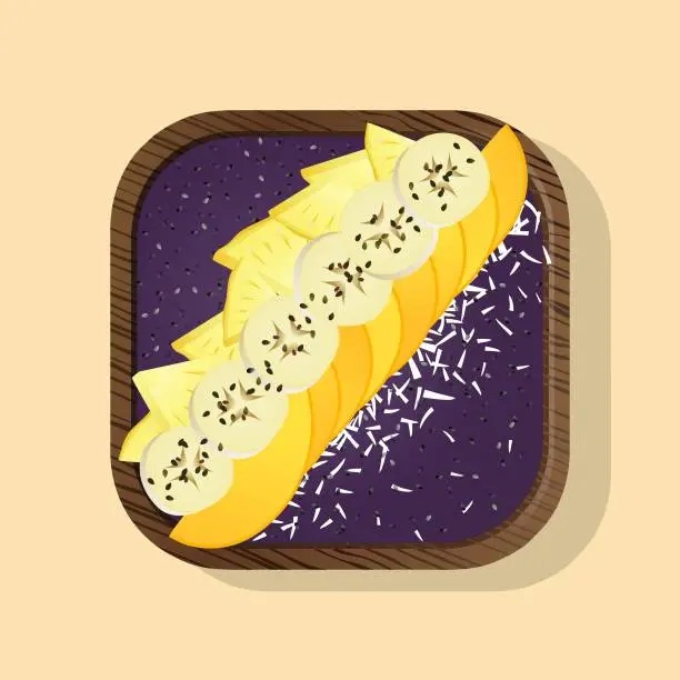 Vector illustration of Smoothie breakfast bowl topped with mango, banana, yogurt.