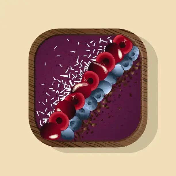 Vector illustration of Smoothie breakfast bowl topped with cherry, blueberry, yogurt.