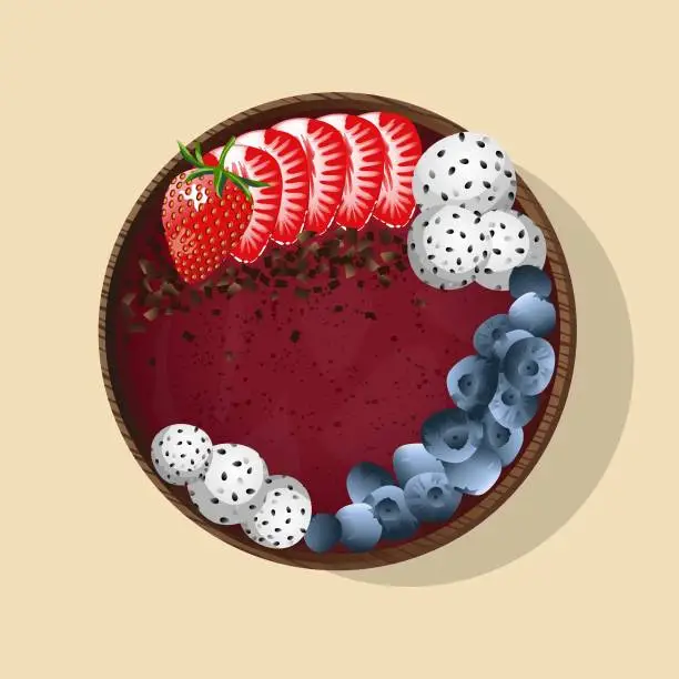 Vector illustration of Smoothie breakfast bowl topped with strawberry, blueberry, pitaya and yougurt.