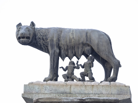 she wolf statue isolated on white roman empire symbol breast feeding newborn romolus and remus silhouette