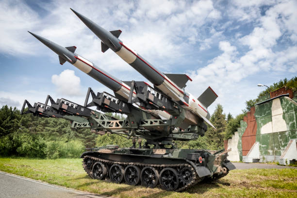 Medium range self-propelled anti-aircraft missiles S-125 Neva ready to launch stock photo