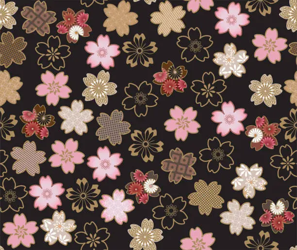 Vector illustration of Sakura flower blossom, Japanese traditional textile pattern on black background design.