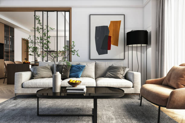 moderno interior de la sala de estar - renderizado en 3d - interior fotografías e imágenes de stock