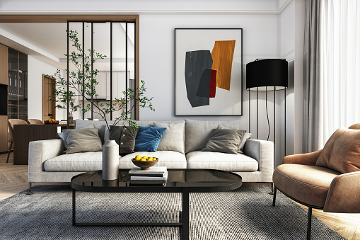 Living room interior design- 3d render white and brown colored furniture and wooden elements