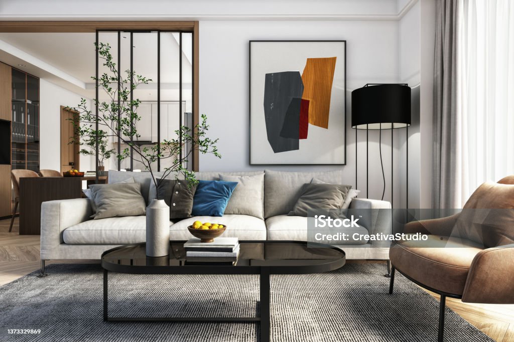 Modern living room interior - 3d render Living room interior design- 3d render white and brown colored furniture and wooden elements Living Room Stock Photo