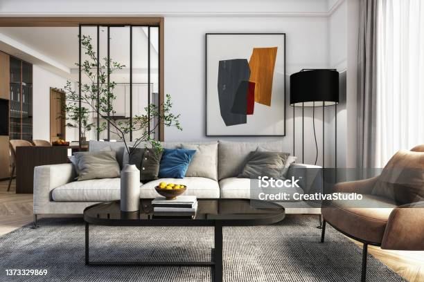 Modern Living Room Interior 3d Render Stock Photo - Download Image Now - Living Room, Home Interior, Modern