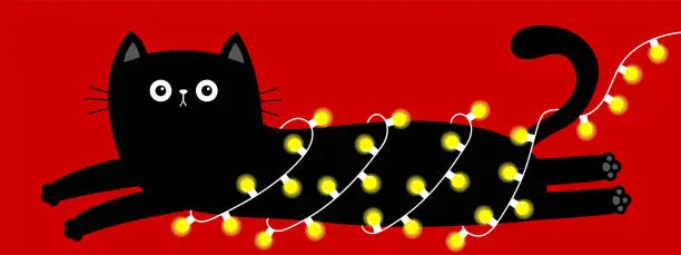 Vector illustration of Cute lying cat. Christmas lights set. Lightbulb garland line fairy light. Kawaii cartoon baby character. Chilling kitten head face. Merry Christmas. Greeting card. Flat design. Red background.