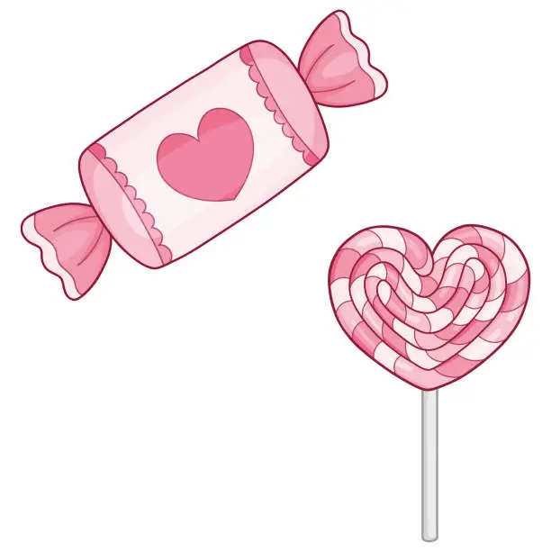 Vector illustration of Heart shaped pink lollipop and candy or chocolate, with valentine heart packaging