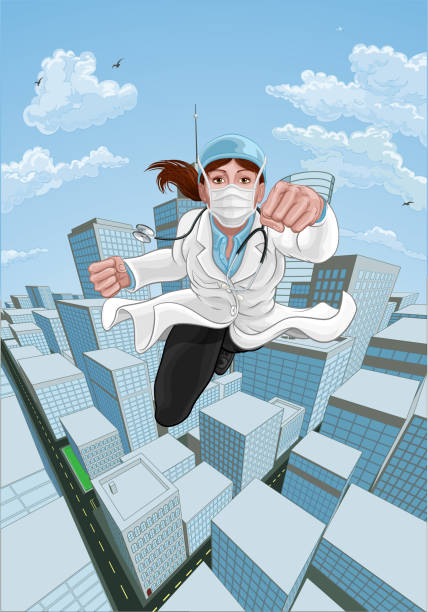 arzt superheld fliegen comic buch super hero - superhero comic book cityscape flying stock-grafiken, -clipart, -cartoons und -symbole