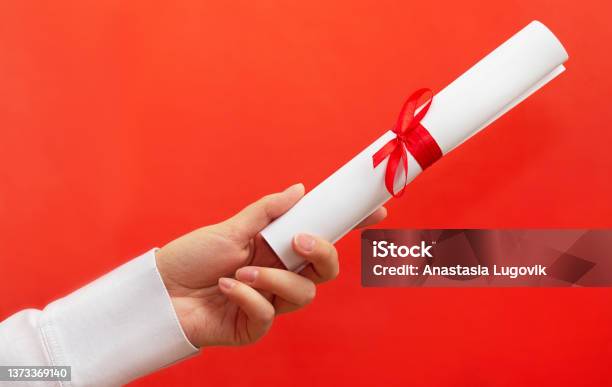 Woman Hand Hold Diploma With Red Ribbon Stock Photo - Download Image Now - Dissertation, Diploma, Master's Degree