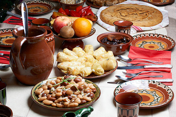 Traditional Bulgarian Christmas food Table setup for Christmas Eve with traditional Bulgarian vegetarian food bulgarian culture photos stock pictures, royalty-free photos & images