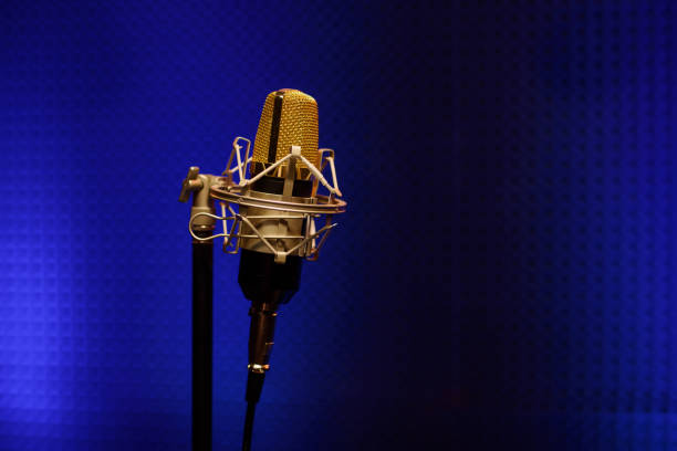 istock Professional microphone in a recording audio studio with acoustic panels behind it, and blue light on a background. 1373380864