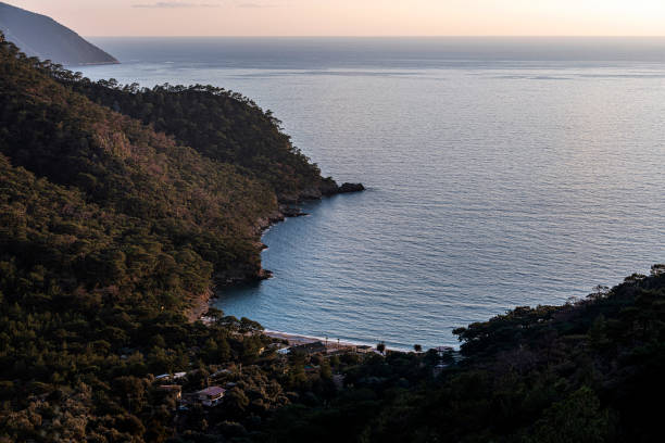 Fethiye's famous Kabak bay and sea at sunset in Mugla province.