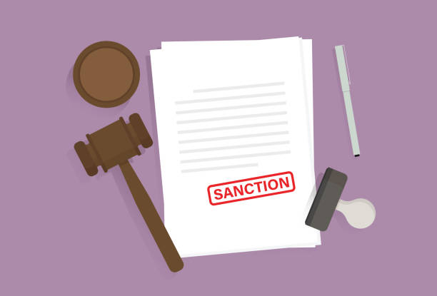 Document with a sanction sign, pen, rubber stamp, and a gavel on the table Permission, Agreement, Conflict, Embassy, Foreign affairs, Talking, Confrontation, Boycott, Economic punishment stock illustrations
