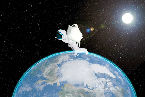 Mexican astronaut woman working in science and fiction exploration without gravity for astronomy in observation of the planet earth from outside. 3d illustration