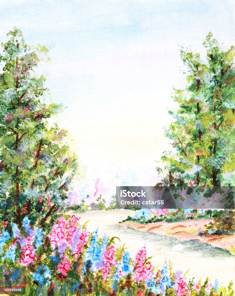 Obras de arte originales Escena Rural con Flores de primavera - Ilustración de stock de Acrílico libre de derechos