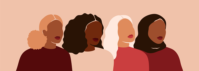Four women of different ethnicities and cultures hug stand together. Strong and brave girls support each other and feminist movement. Multiracial Sisterhood and females friendship. Vector illustration