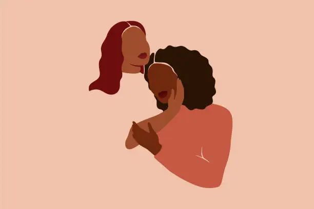 Vector illustration of Two women hug and care about each other. Strong and brave girls together in love. Multiracial Sisterhood and females friendship.