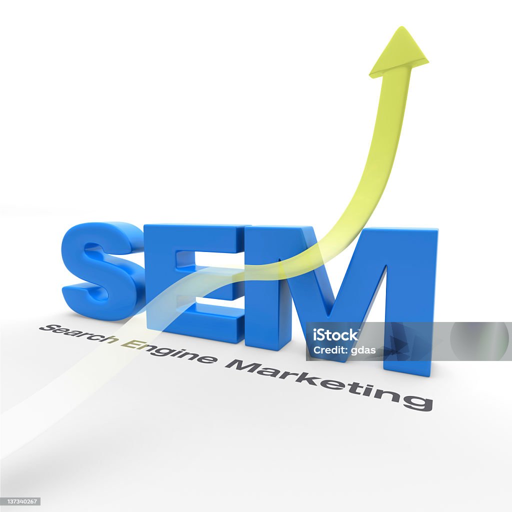 Blue letters SEM with a yellow arrow going up through them SEM - Search Engine Marketing - with an arrow pointing up Aiming Stock Photo