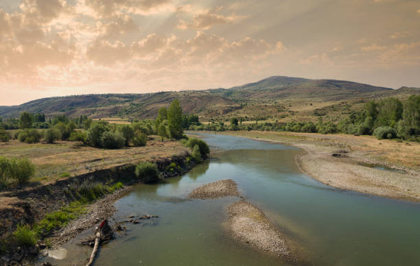 Coruh River Important rivers of Turkey. Coruh River near Bayburt province. Anatolian countryside at sunrise. bayburt stock pictures, royalty-free photos & images