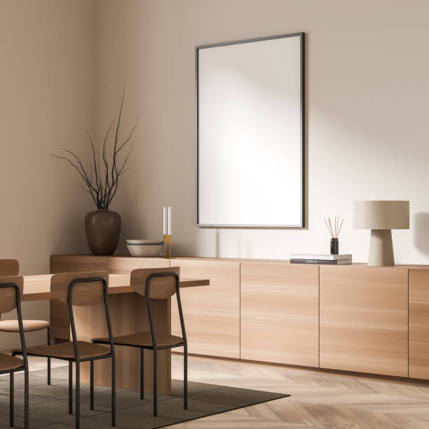 istock Guest room interior with chairs, commode with decoration, mockup poster 1373416986