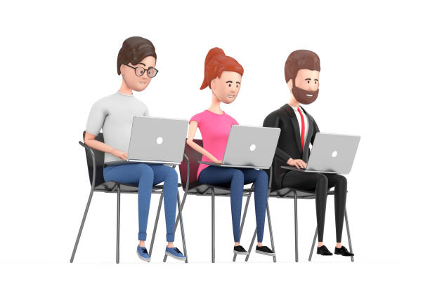 istock Teamwork Concept. Business Team Character Persons Sitting in Office Chairs and using Laptops. 3d Rendering 1373421937