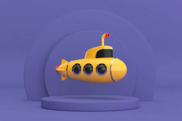 Toy Cartoon Styled Submarine over Violet Very Peri Cylinders Products Stage Pedestal on a Violet Very Peri background. 3d Rendering