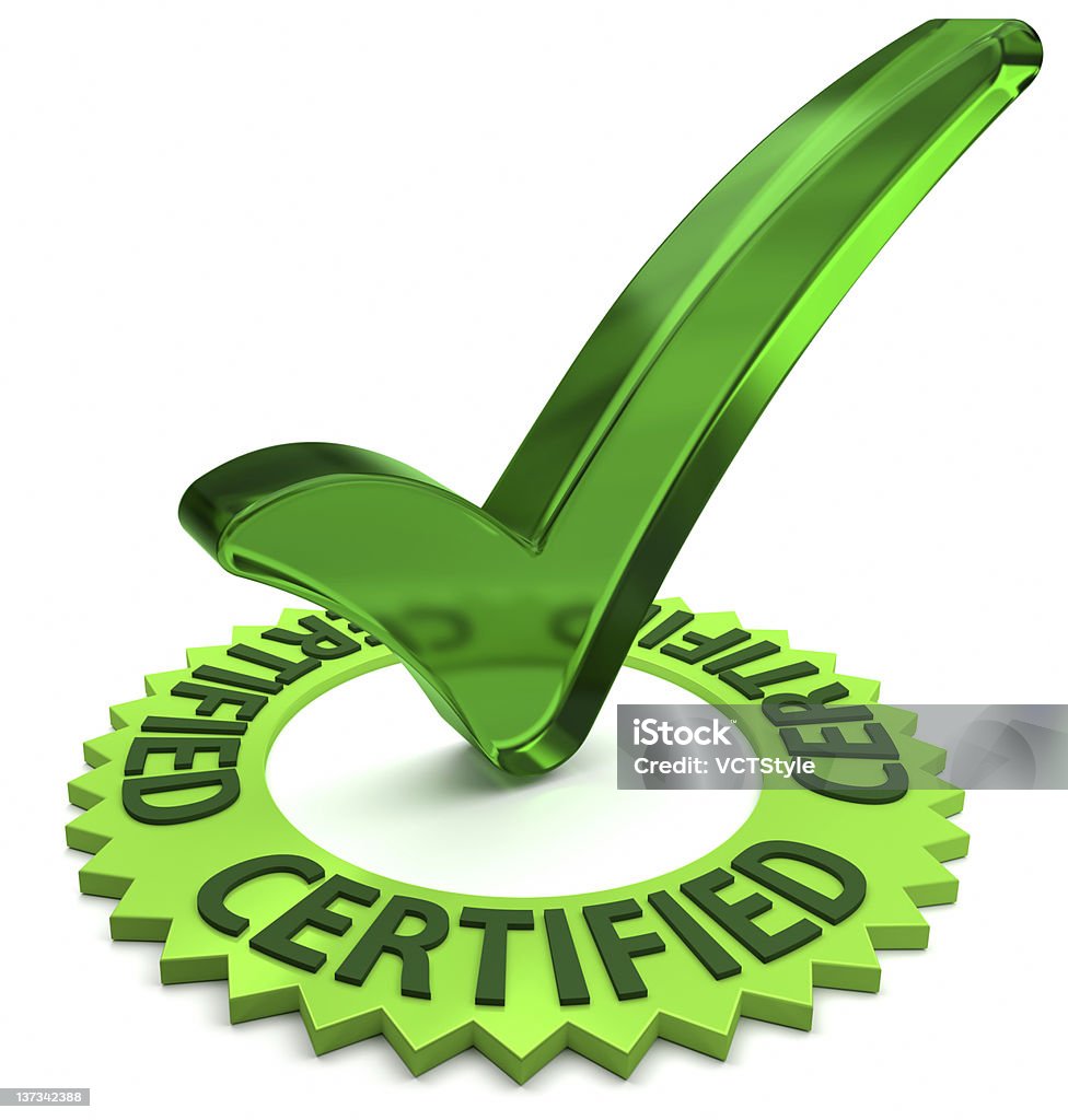 Certified Green label with 3D text and check mark. Part of a series. Business Stock Photo