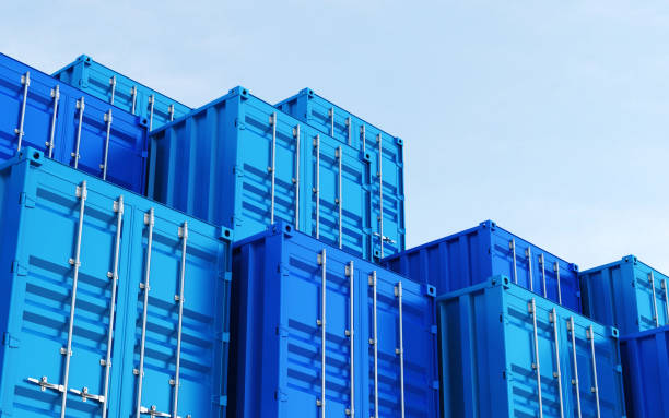 istock Blue shipping container under blue sky stacks stock photo 1373426403