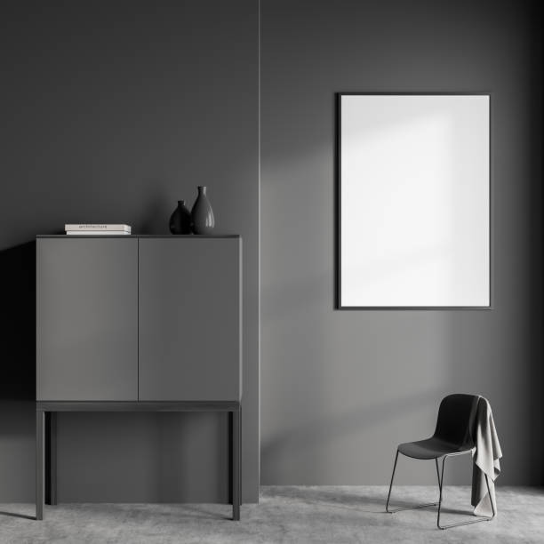 istock Dark living room interior with empty white poster, grey chair 1373429687