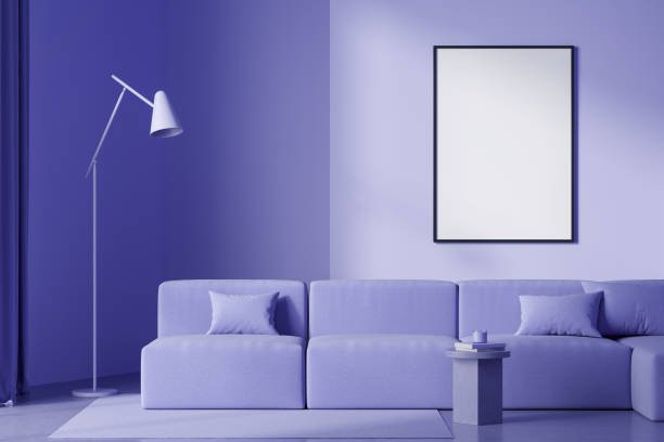 istock Bright relaxing room with sofa and lamp on concrete floor, mockup poster 1373430236