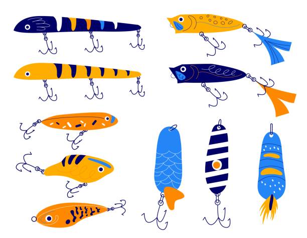 illustrazioni stock, clip art, cartoni animati e icone di tendenza di esca da pesca. diverse forme esche colorate con ganci, elemento galleggiante all'aperto fiume o lago hobbie, attrezzatura da pesca cartoon, esche di plastica morbida blu e gialla, set vettoriale isolato - freshwater fishing