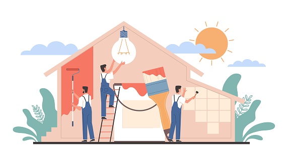 Home renovation workers. Repairman team building house. Painting, electric, finishing works, builders doing apartment repair, professional decorating service vector cartoon flat concept