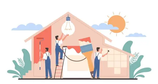 Vector illustration of Home renovation workers. Repairman team building house. Painting, electric, finishing works, builders doing apartment repair, professional decorating service vector cartoon flat concept